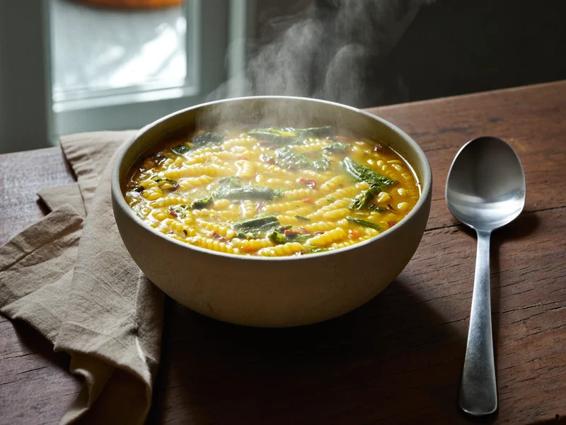 Ciotola di minestrina di verdure morbide con pastina piccola, cucchiaio e tovagliolo di lino