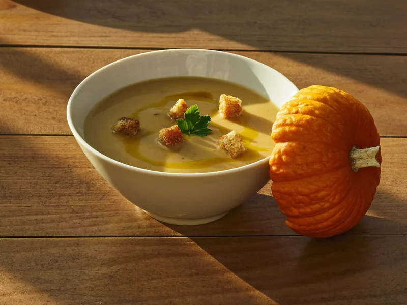 Crema di zucca vellutata con crostini morbidi accanto a una piccola zucca