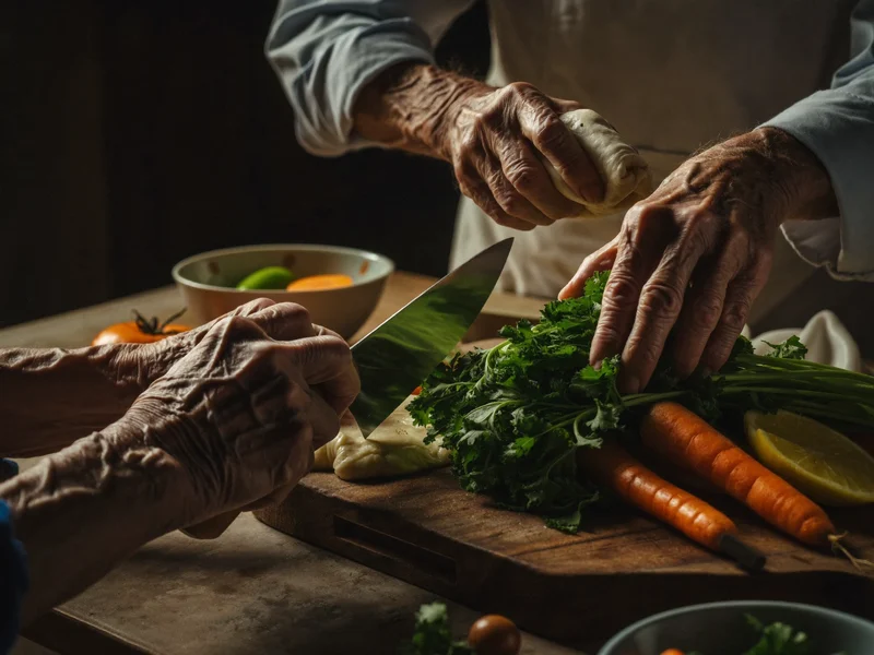 Mani anziane che tagliano delicatamente verdure fresche su un tagliere di legno
