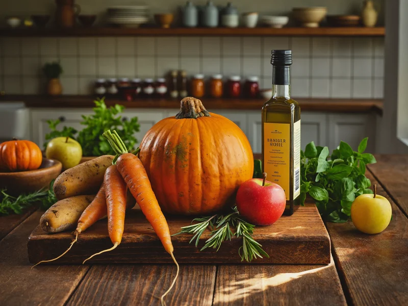 Ingredienti semplici e freschi su un piano di lavoro: zucca, carote, patate, mele ed erbe