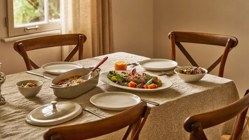 Tavola apparecchiata per un pranzo in famiglia con piatti caldi e luce pomeridiana
